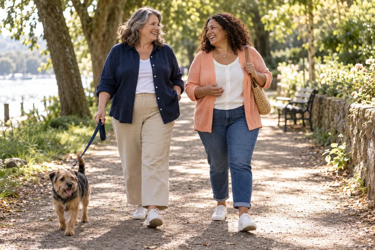 Two friends walking a small dog along a tree-lined path