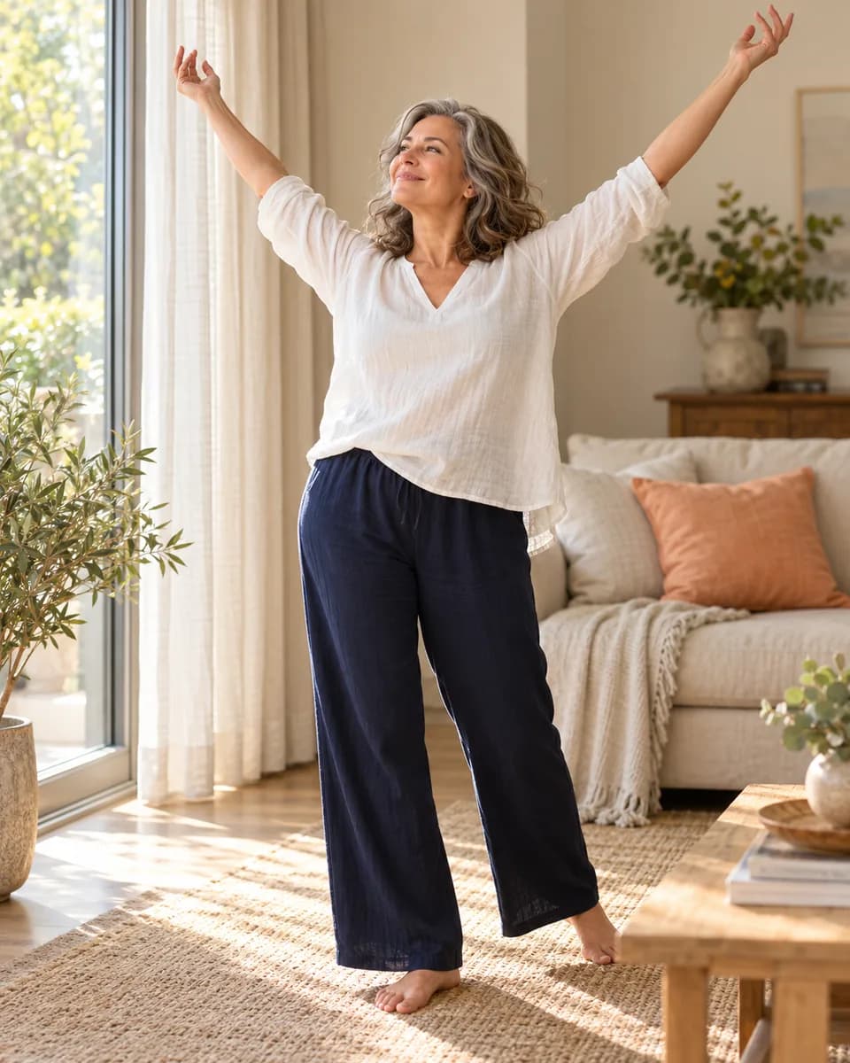 Woman in her fifties stretching her arms by a sunny window at home