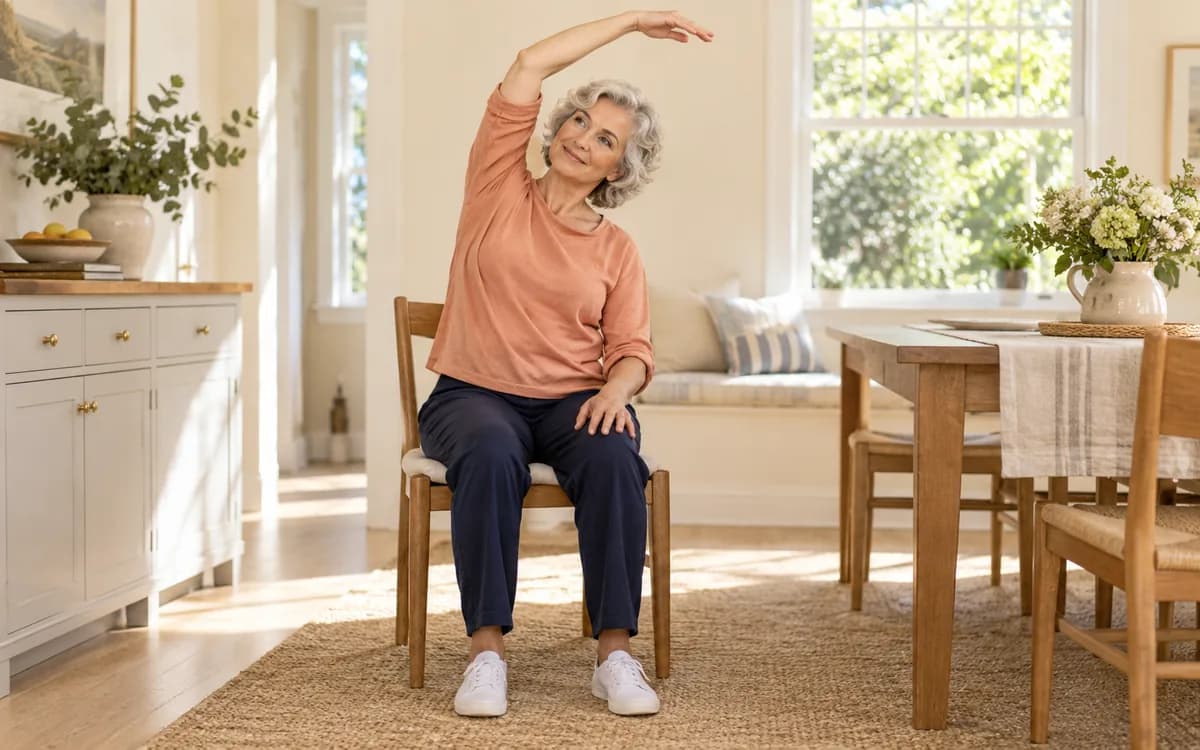 Woman doing a gentle seated side stretch on a kitchen chair