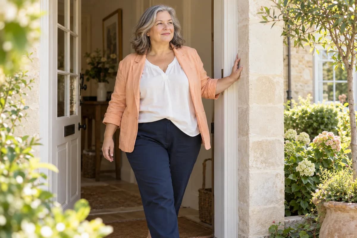 Woman stepping out of her front door into the sunshine