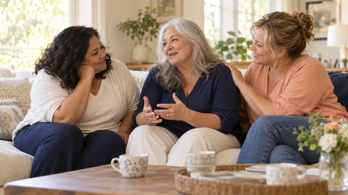 Three women chatting together on a sofa with cups of tea