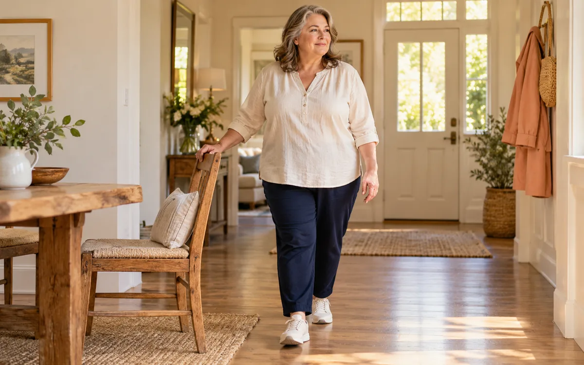Woman walking in place at home with one hand resting on a chair